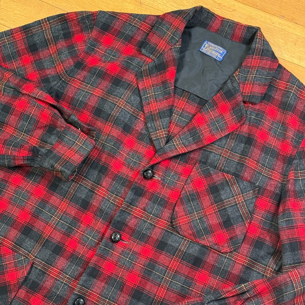 Vintage 70s Pendleton Large Plaid Wool Blazer‎ Jacket Red Black Button Front